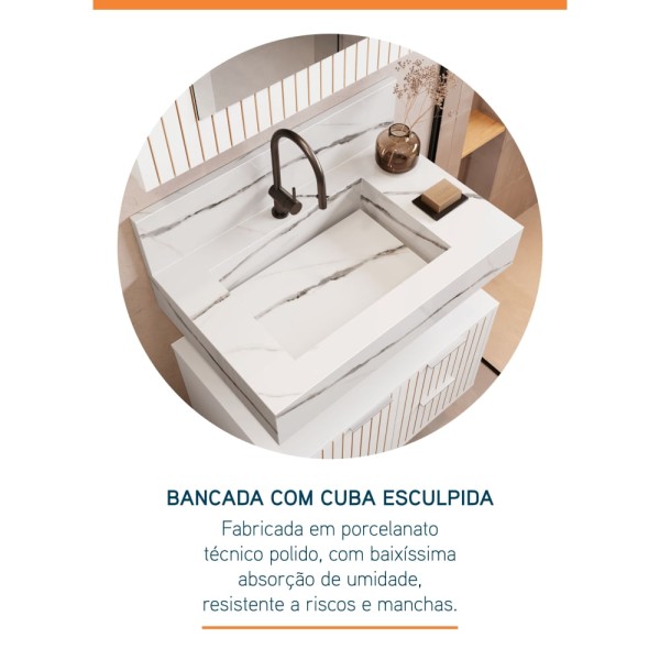 Encontraproduto.com.br - Bancada Em Porcelanato Para Banheiro 60cm Pró Com Cuba Esculpida Blu Lavatórios Calacata