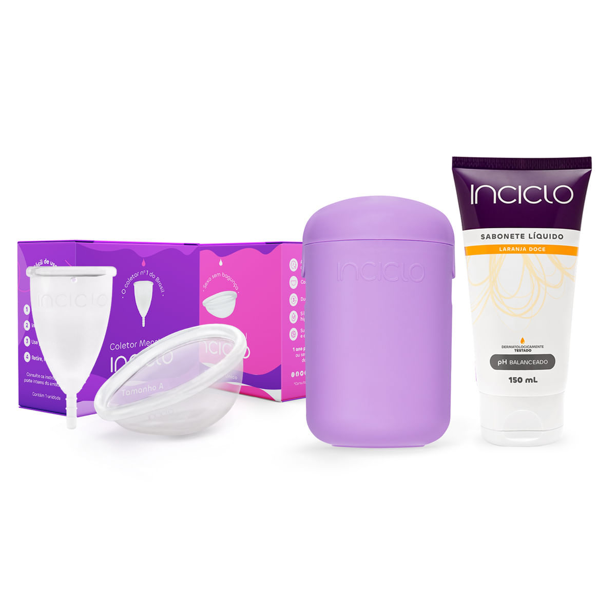 Kit Coletor Menstrual + Disco Menstrual+ Cápsula Esterilizadora + Sabonete Laranja Doce - Inciclo Teen (até 19 anos e sem filhos)