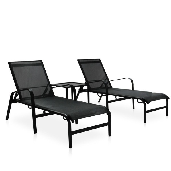 Encontraproduto.com.br - Kit 2 Espreguiçadeiras De Alumínio Em Tela Sling + 1 Mesinha Lateral área Externa Hotel - Preto