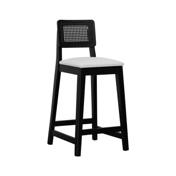 Banqueta Gabi Madeira Maciça Encosto C- Telinha C- 68cm Altura - Preto Assento Estofado Corano Bege