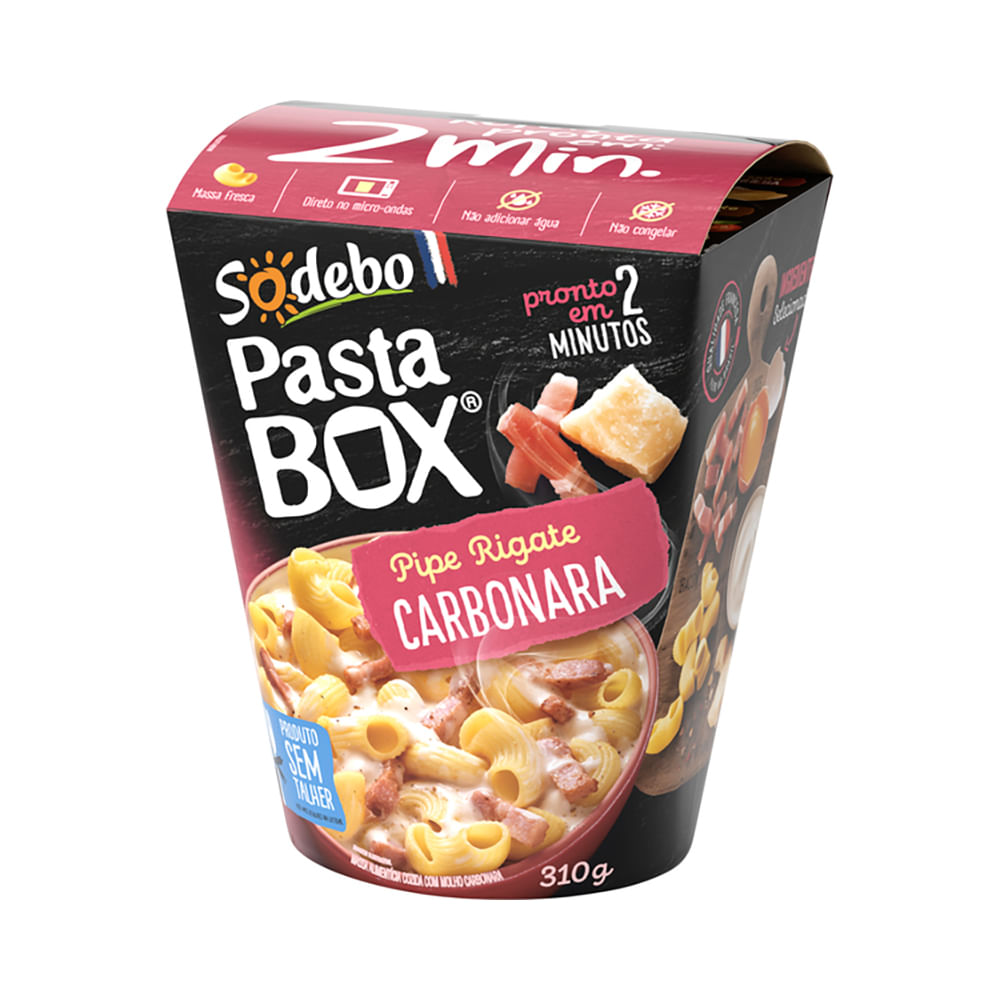 Encontraproduto.com.br - Pipe Rigate à Carbonara Sodebo Pasta Box Caixa 310g