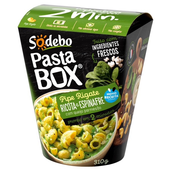 Encontraproduto.com.br - Pipe Rigate Ricota e Espinafre com Queijo Parmesão Sodebo Pasta Box Caixa 310g