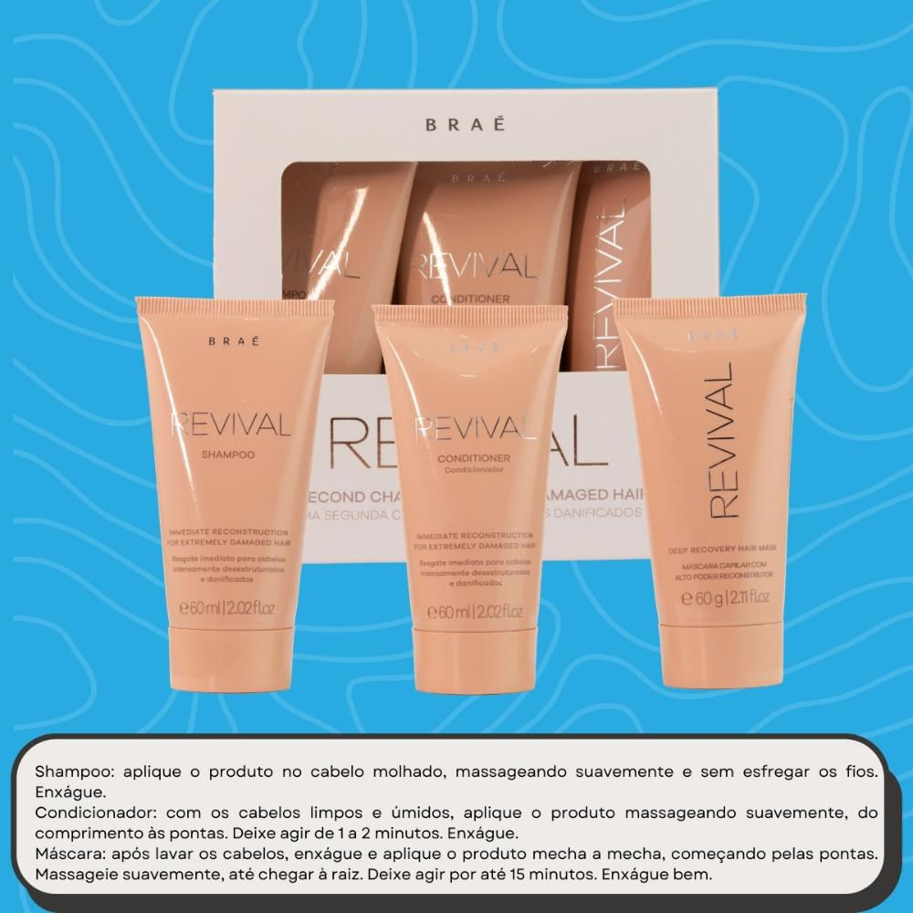 Encontraproduto.com.br - Kit Braé Travel Size Revival - Shampoo 60ml + Condicionador 60 ml + Máscara 60 g