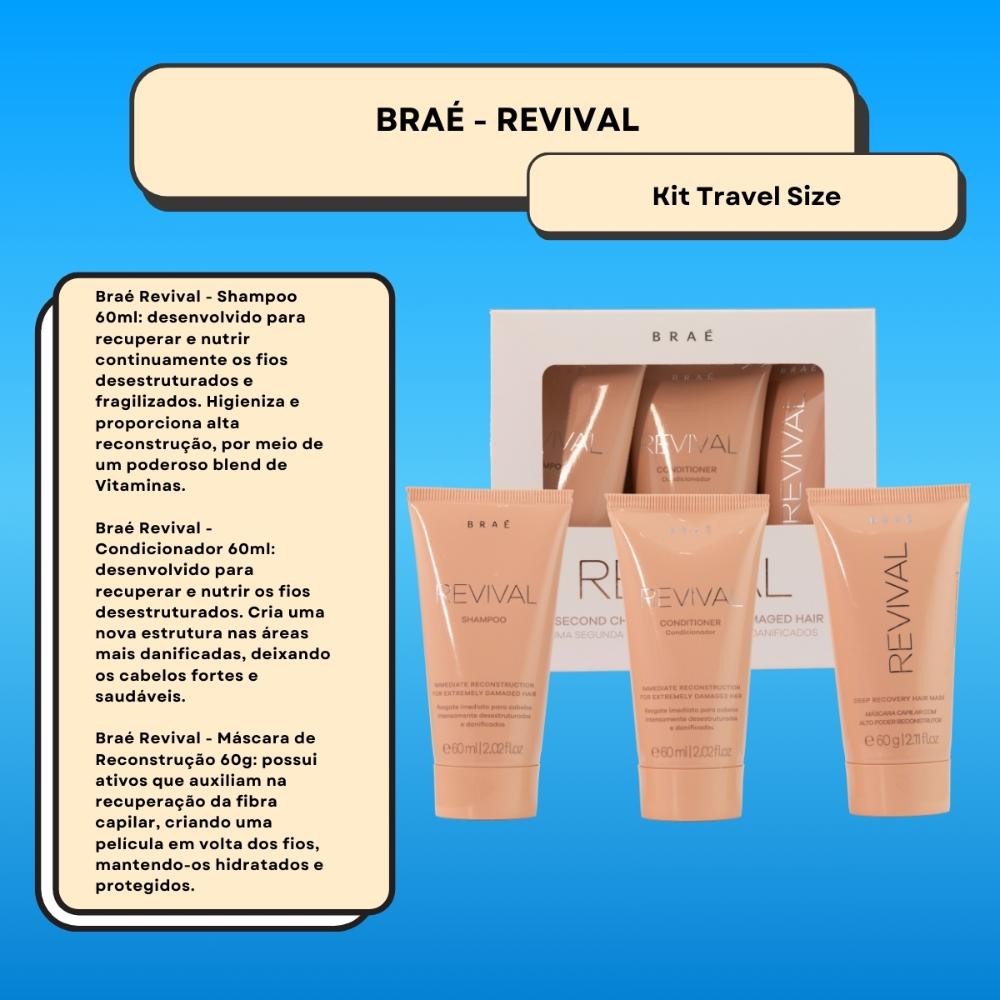 Encontraproduto.com.br - Kit Braé Travel Size Revival - Shampoo 60ml + Condicionador 60 ml + Máscara 60 g