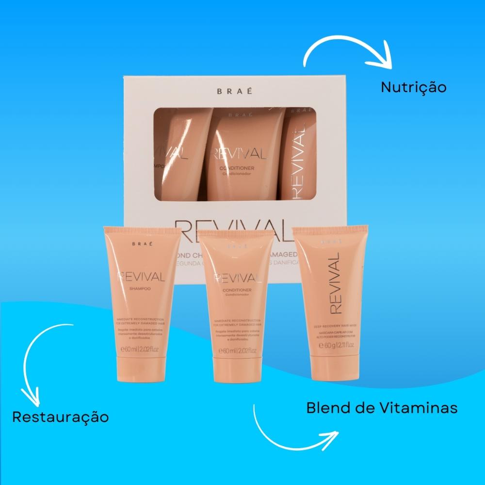 Encontraproduto.com.br - Kit Braé Travel Size Revival - Shampoo 60ml + Condicionador 60 ml + Máscara 60 g