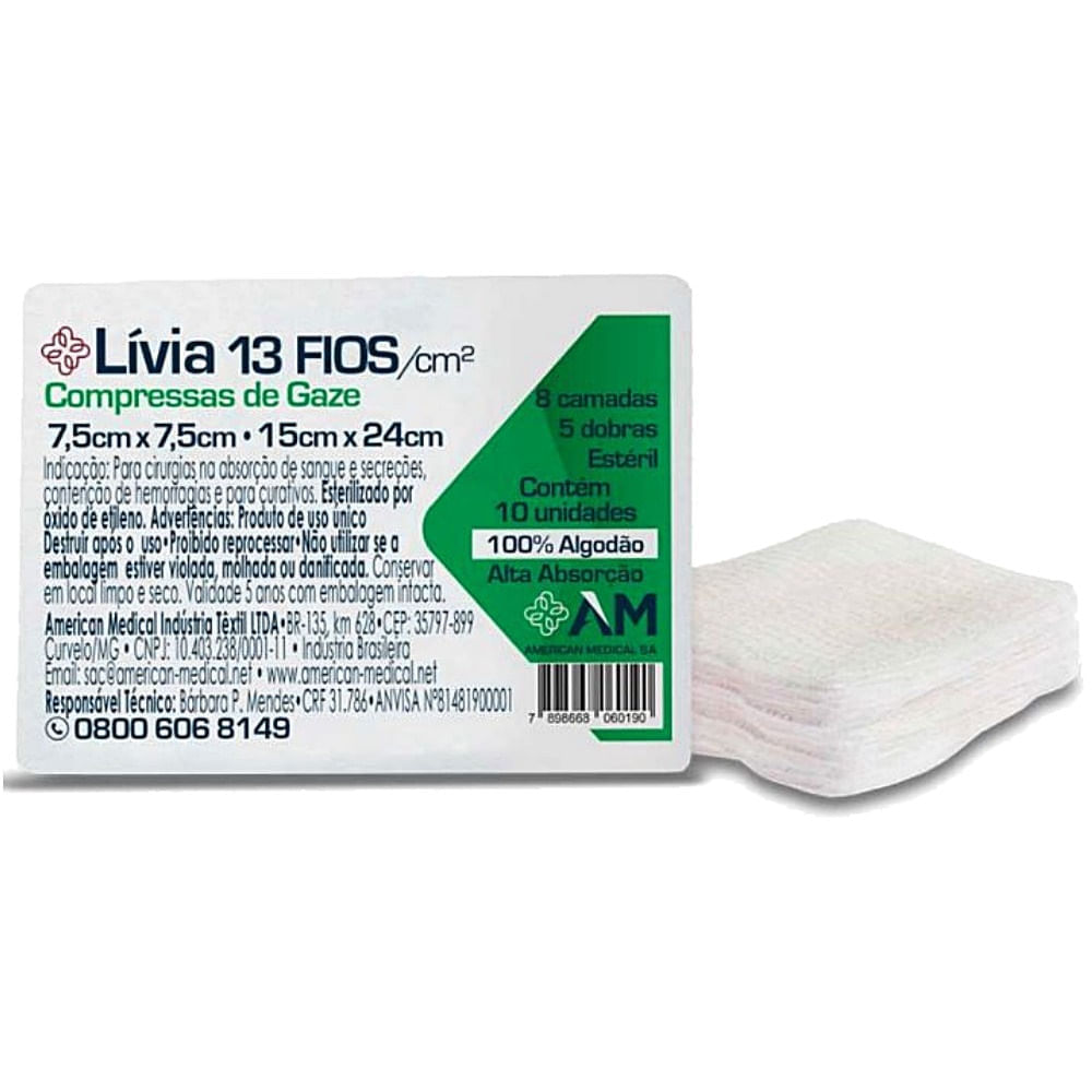 Encontraproduto.com.br - Compressa Gaze 13 Fios Estéril 7,5 x 7,5cm Pacote com 10 Unidades - Caixa com 10 Pacotes