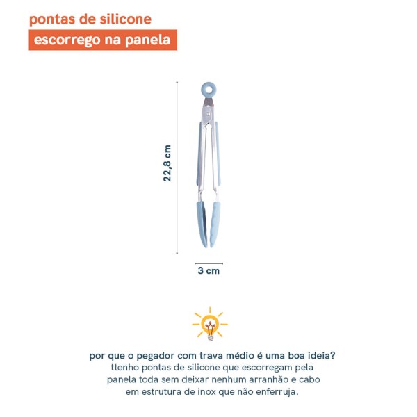 Encontraproduto.com.br - Pegador Inox com Trava Oikos Azul 22 cm