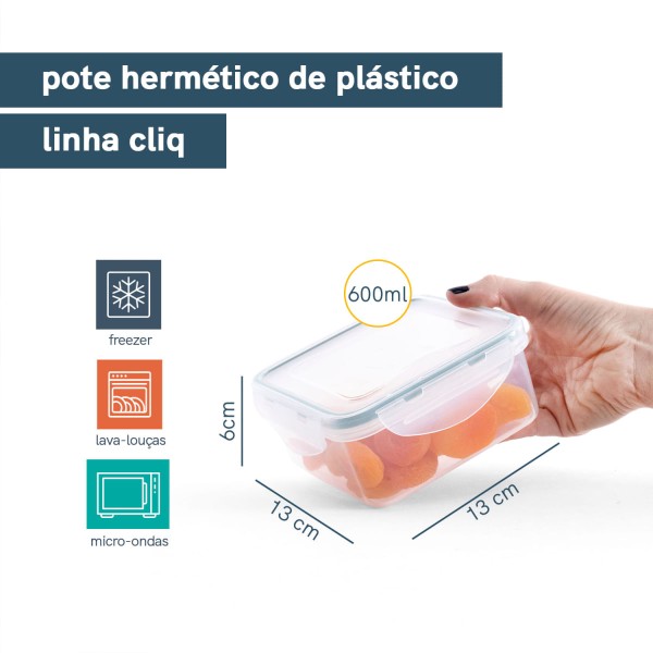 Encontraproduto.com.br - Pote Plástico Hermético Oikos Quadrado Cliq Incolor 600ml