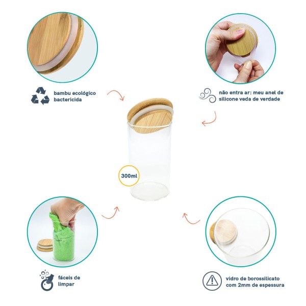 Encontraproduto.com.br - Conjunto de 6 Potes Herméticos de 300 Ml com Tampa de Bambu Oikos