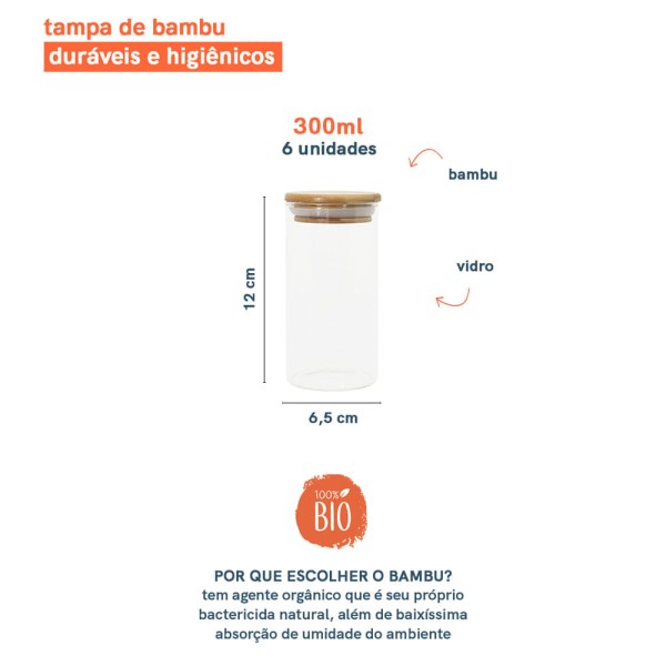 Encontraproduto.com.br - Conjunto de 6 Potes Herméticos de 300 Ml com Tampa de Bambu Oikos