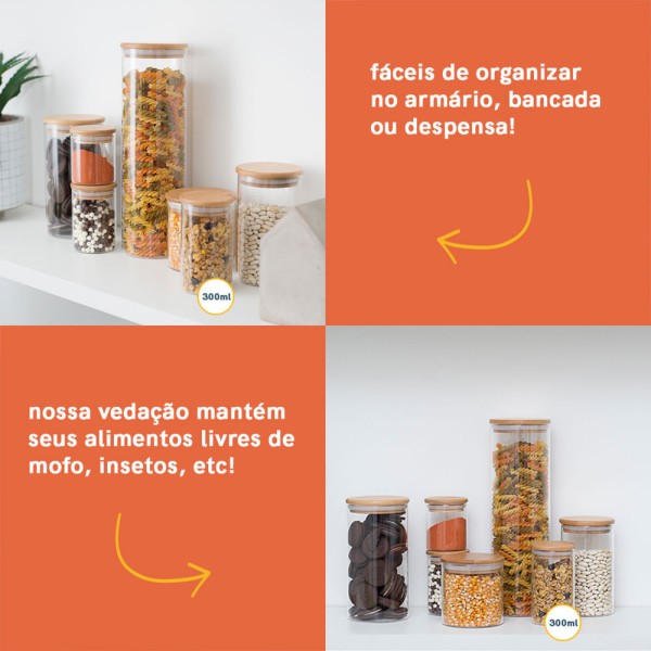 Encontraproduto.com.br - Conjunto de 6 Potes Herméticos de 300 Ml com Tampa de Bambu Oikos