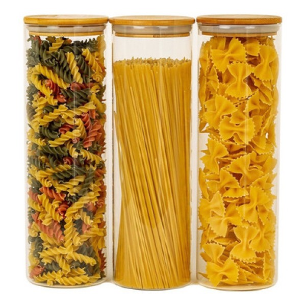 Encontraproduto.com.br - Kit 3 Potes De Vidro P/ Mantimentos 2L c/ Tampa Bambu Oikos