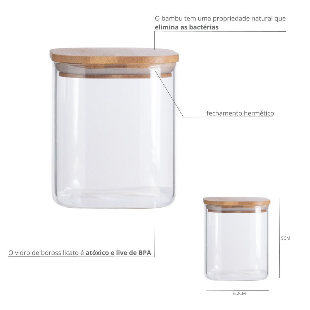 Encontraproduto.com.br - Pote de Vidro Quadrado com Tampa Bambu Oikos 200ml