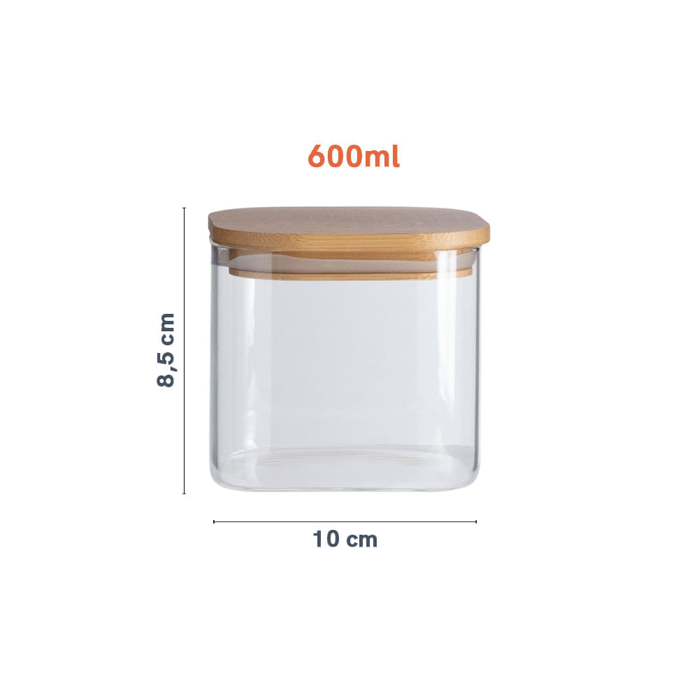 Encontraproduto.com.br - Pote de Vidro Flat com Tampa de Bambu Quadrado Mantimento 600ml