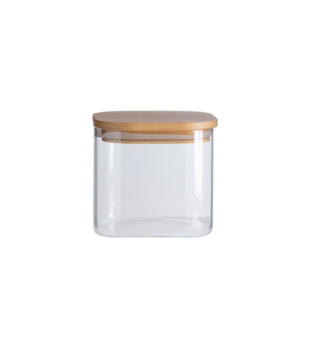 Encontraproduto.com.br - Pote de Vidro Flat com Tampa de Bambu Quadrado Mantimento 600ml