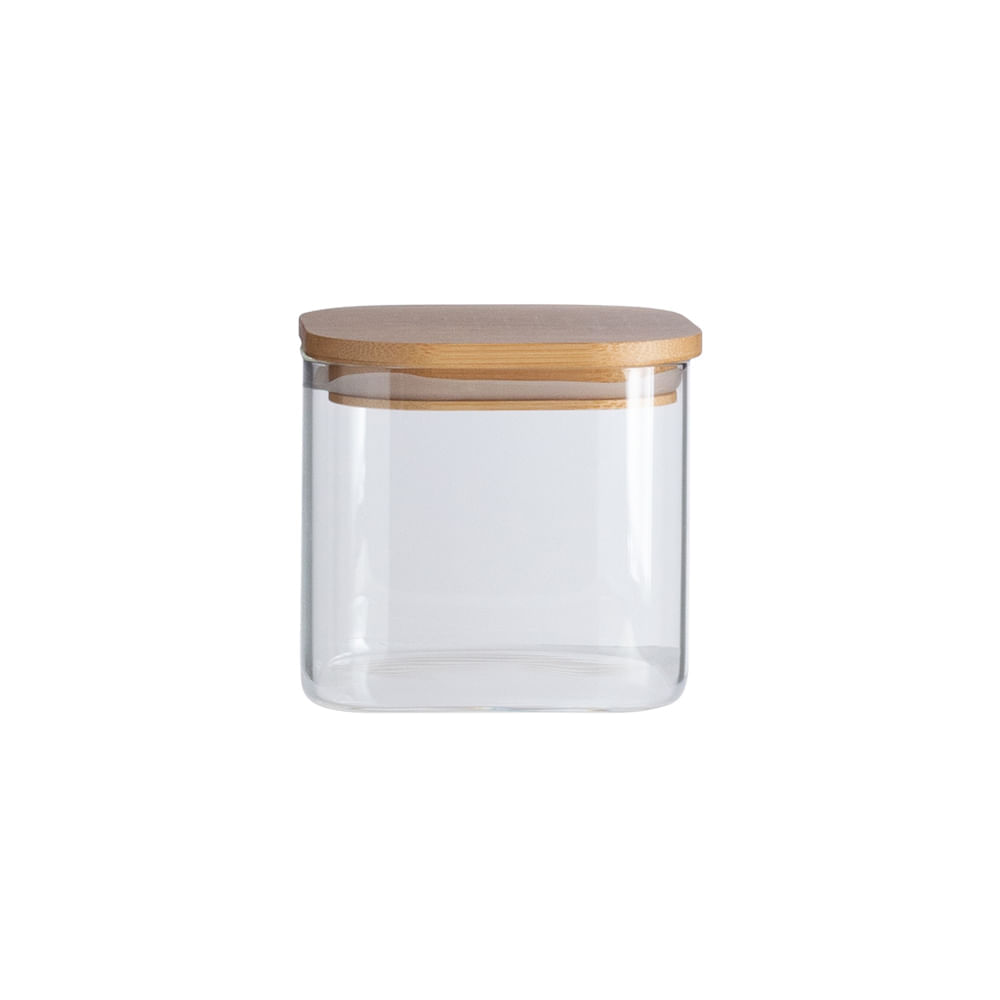 Encontraproduto.com.br - Pote de Vidro Flat com Tampa de Bambu Quadrado Mantimento 600ml