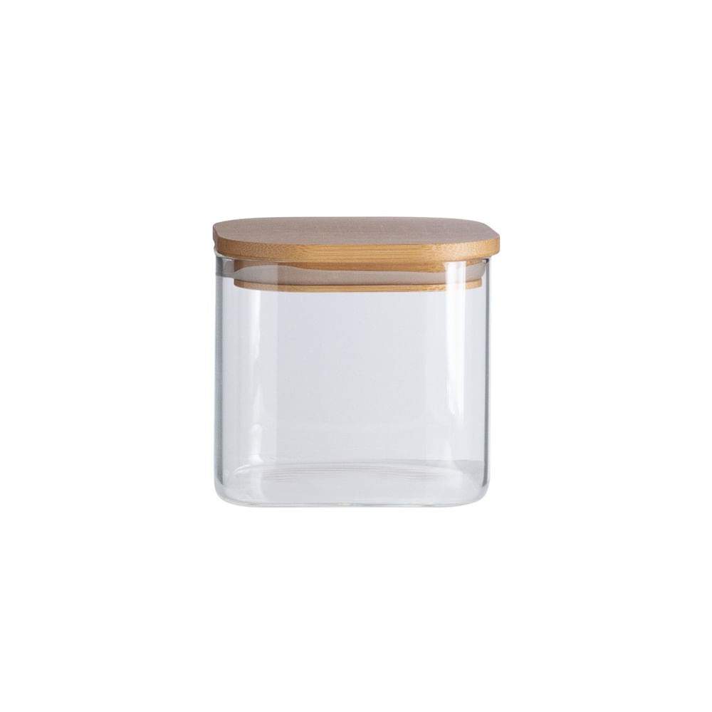 Encontraproduto.com.br - Pote de Vidro Flat com Tampa de Bambu Quadrado Mantimento 600ml