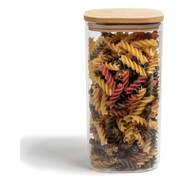 Pote de Vidro Flat com Tampa de Bambu Quadrado Mantimento 1,1 Litros