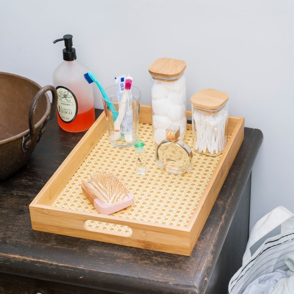 Encontraproduto.com.br - Bandeja De Bambu Com Palha Retangular 48cm