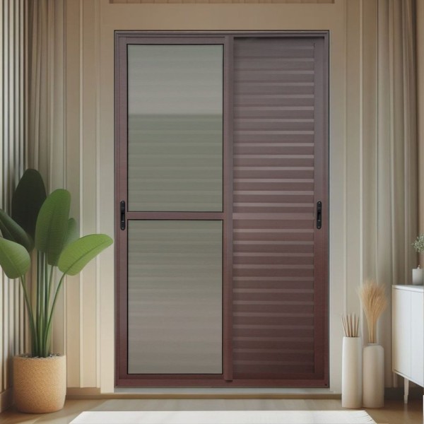 Porta De Correr Venez. 3 Folhas Moveis 210 X 120 Elite Com Fecho Automático Vidro Liso Corten