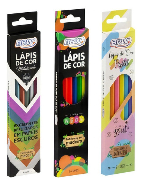 Encontraproduto.com.br - Lápis de Cor BRW Sextavado de Madeira com 6 Cores Pastel – LP0006