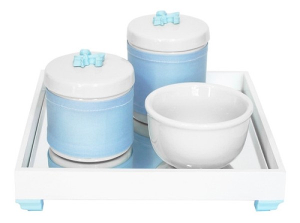 Encontraproduto.com.br - Kit Higiene Espelho Potes, Molhadeira e Capa Flor de Liz Azul