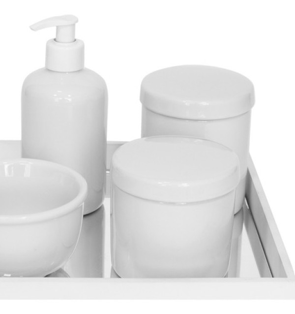 Encontraproduto.com.br - Kit Higiene Espelho Potes, Molhadeira e Porta Álcool-Gel Branco