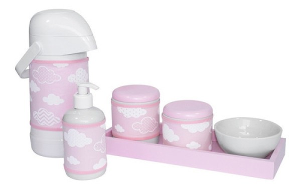 Encontraproduto.com.br - Kit Higiene Slim Rosa Garrafa Grande Capa Nuvem Chevron Rosa
