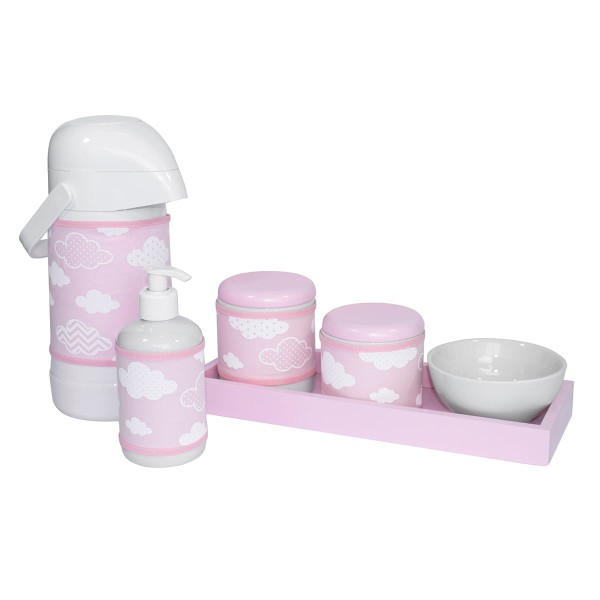 Encontraproduto.com.br - Kit Higiene Slim Rosa Garrafa Grande Capa Nuvem Chevron Rosa