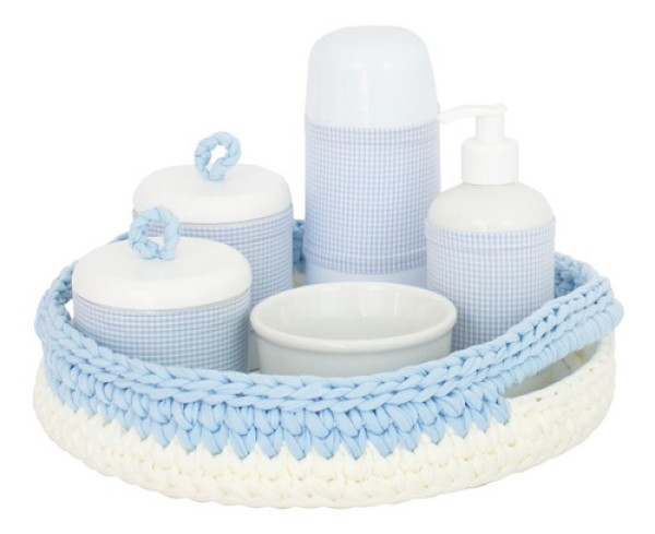 Encontraproduto.com.br - Kit Higiene Crochê Com 6 Peças e Garrafa Pequena Azul