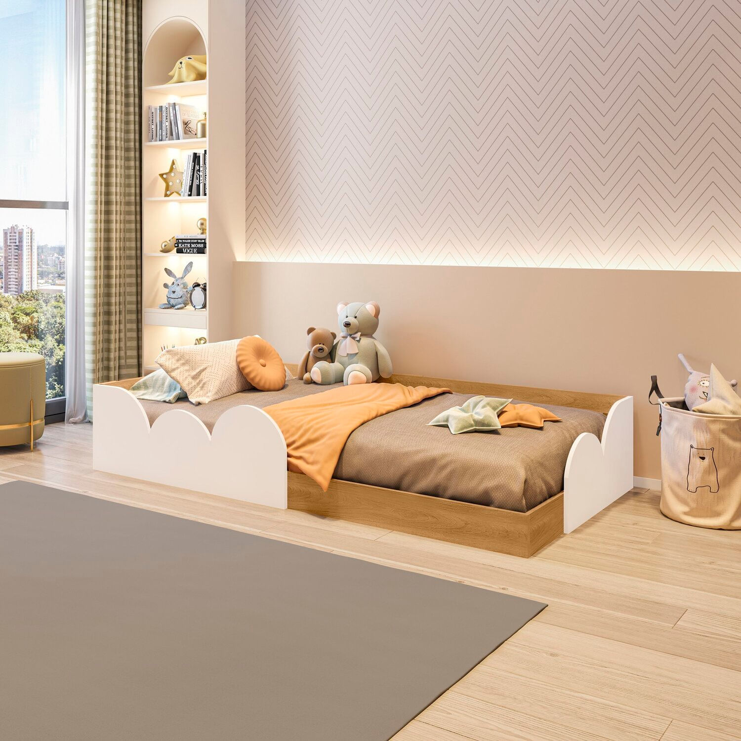 Cama Infantil Montessoriana Solteiro Cloud Branco/Freijó