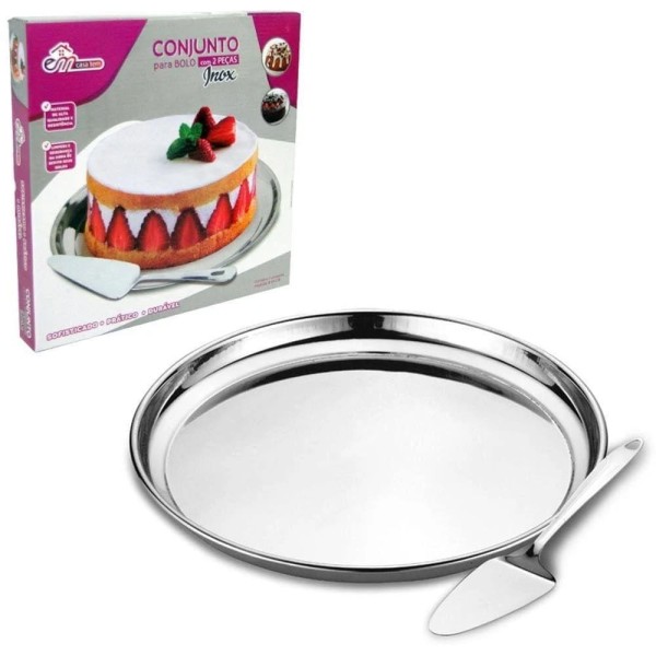 Encontraproduto.com.br - Conjunto de Inox 2 Pçs Prato para Servir Bolo e Espátula