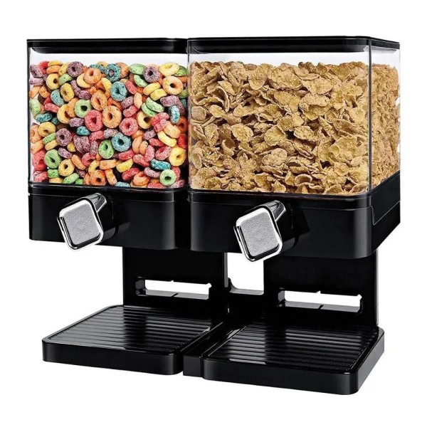 Encontraproduto.com.br - Dispenser Duplo De Cereais Porta Alimentos Sucrilhos Granola Gaos Mantimentos Com 2 Potes Luxo Preto