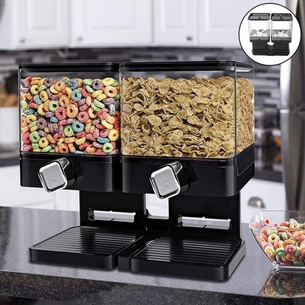 Encontraproduto.com.br - Dispenser Duplo De Cereais Porta Alimentos Sucrilhos Granola Gaos Mantimentos Com 2 Potes Luxo Preto