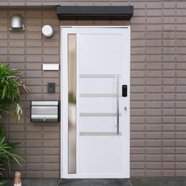 Encontraproduto.com.br - Porta Pivotante De Alumínio 210 X 120cm Com Friso, Visor E Fechadura Digital Esquerda Branco