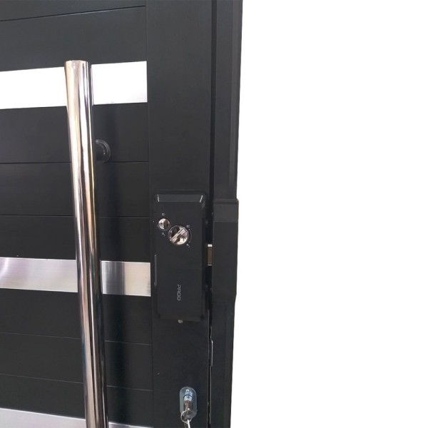 Encontraproduto.com.br - Porta Pivotante De Alumínio 210 X 120cm Com Visor, Friso E Fechadura Digital Linha 30 Direita Preto
