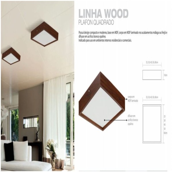 Encontraproduto.com.br - Plafon Madeira Wood Quadrado 25X25cm - 2 Luzes E27 - Málaga (Escuro)