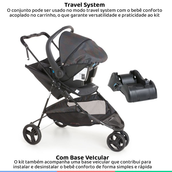 Encontraproduto.com.br - Carrinho Bebe Passeio Galzerano Até 15kg Reversível Tivoli Preto Risca + Bebê Conforto + Base