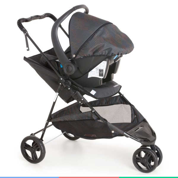 Encontraproduto.com.br - Carrinho Bebe Passeio Galzerano Até 15kg Reversível Tivoli Preto Risca + Bebê Conforto + Base