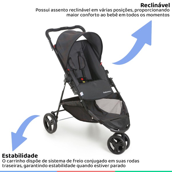 Encontraproduto.com.br - Carrinho Bebe Passeio Galzerano Até 15kg Reversível Tivoli Preto Risca + Bebê Conforto + Base