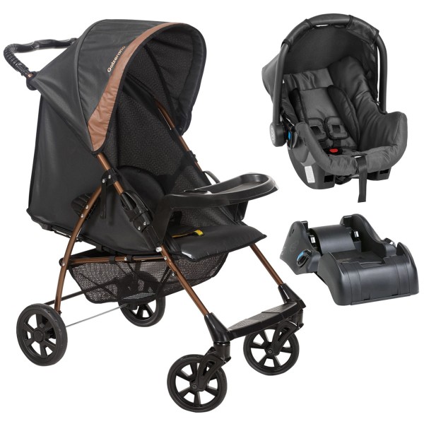 Encontraproduto.com.br - Carrinho Bebe Berço Passeio Reclinável Galzerano Até 15Kg Romano Preto Cobre + Bebê Conforto + Base