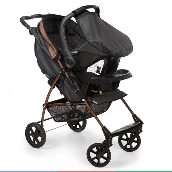 Encontraproduto.com.br - Carrinho Bebe Berço Passeio Reclinável Galzerano Até 15Kg Romano Preto Cobre + Bebê Conforto + Base