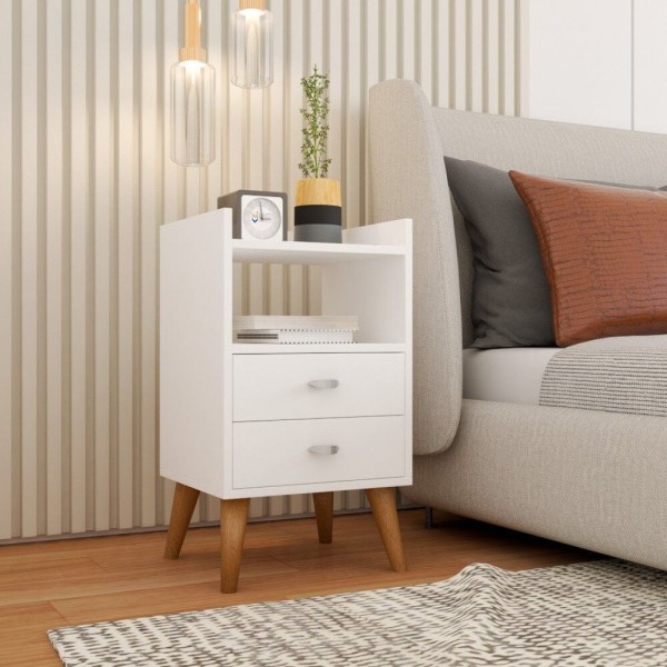 Encontraproduto.com.br - Kit 2 Mesa De Cabeceira Retrô Pés Palito Em Madeira Maciça 2 Gavetas E Prateleira Branco