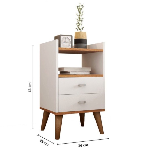 Encontraproduto.com.br - Kit 2 Mesa De Cabeceira Retrô Pés Palito Em Madeira Maciça 2 Gavetas E Prateleira Branco-freijó
