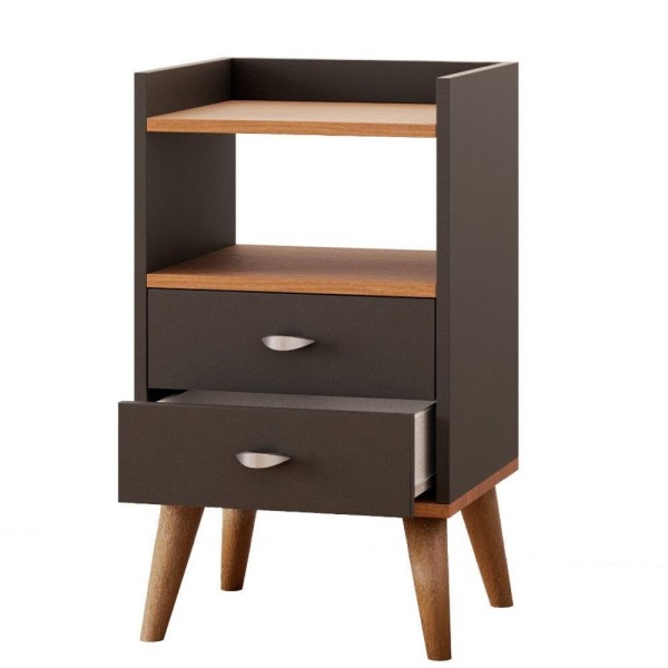 Encontraproduto.com.br - Kit 2 Mesa De Cabeceira Retrô Pés Palito Em Madeira Maciça 2 Gavetas E Prateleira Preto-freijó
