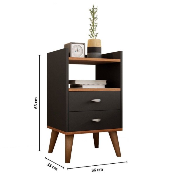 Encontraproduto.com.br - Kit 2 Mesa De Cabeceira Retrô Pés Palito Em Madeira Maciça 2 Gavetas E Prateleira Preto-freijó