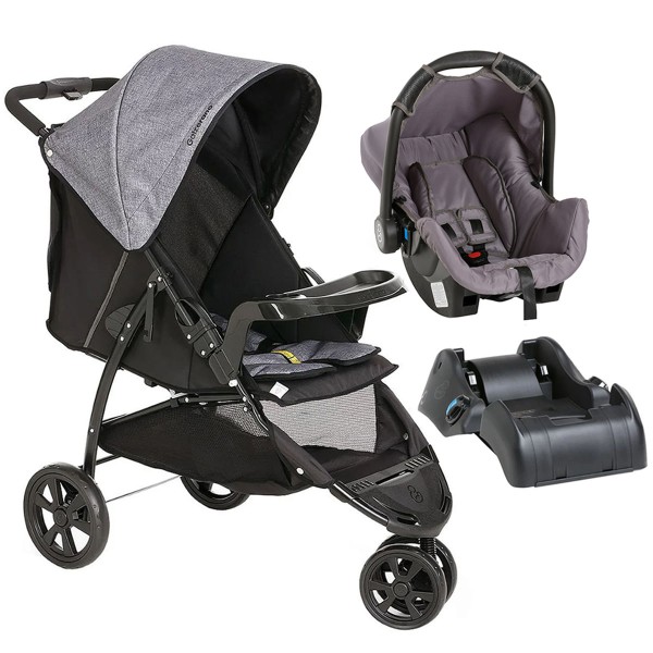 Encontraproduto.com.br - Carrinho Bebe Berço Passeio Até 15Kg TS Galzerano Cross Trail Preto Cinza + Bebê Conforto + Base