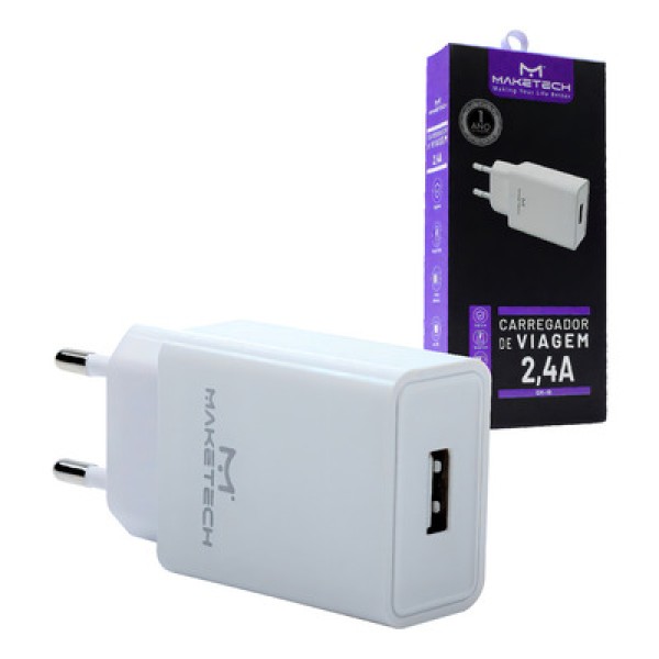Encontraproduto.com.br - Carregador de Viagem Maketech CM 19 Branco 2,4A com 1 Saída USB