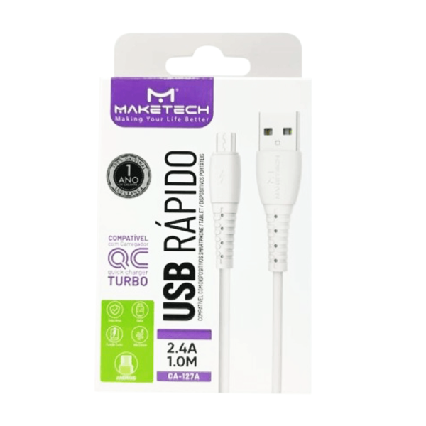 Encontraproduto.com.br - Cabo Micro USB Maketech CA 127A Branco 2.4A 1 Metro