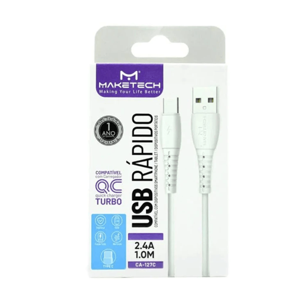 Encontraproduto.com.br - Cabo USB Tipo C Maketech CA 127C Branco 2,4A 1 Metro